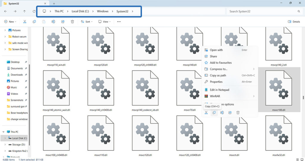 نسخ ملف Msvcr100.dll من مجلد System32