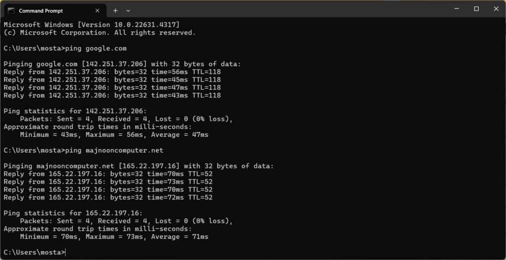 أوامر ping عبر cmd