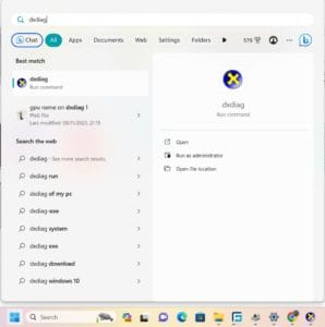 فتح dxdiag من ابدأ 