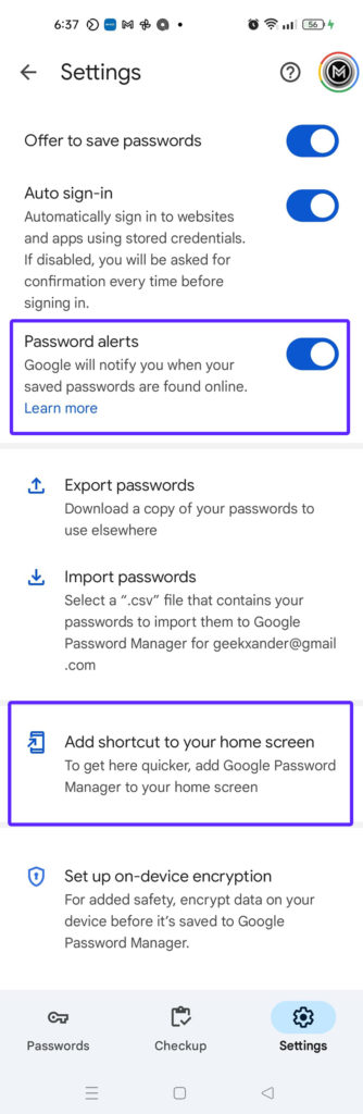 اعدادات مدير كلمات سر Google password manager