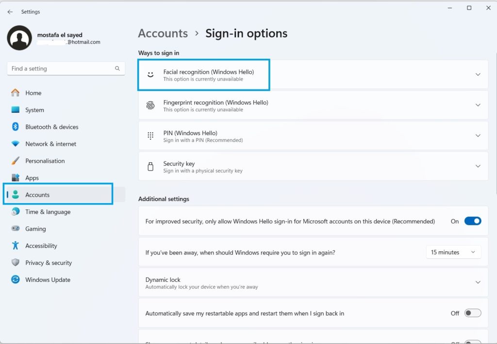 إعداد Windows Hello لتسجيل الدخول بالوجه