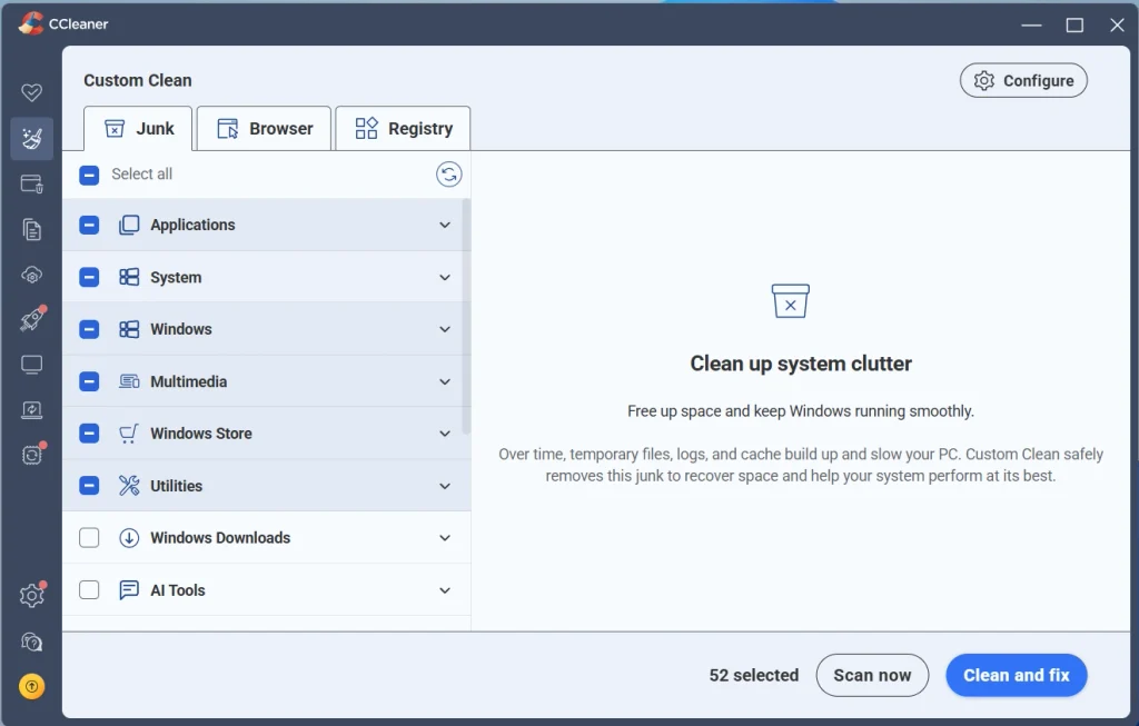 CCleaner Custom Clean for web browser