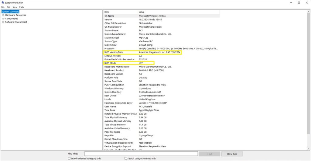 تحديد إصدار BIOS الحالي msinfo32