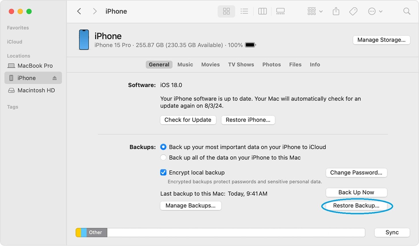 استعادة سجل المكالمات من Finder