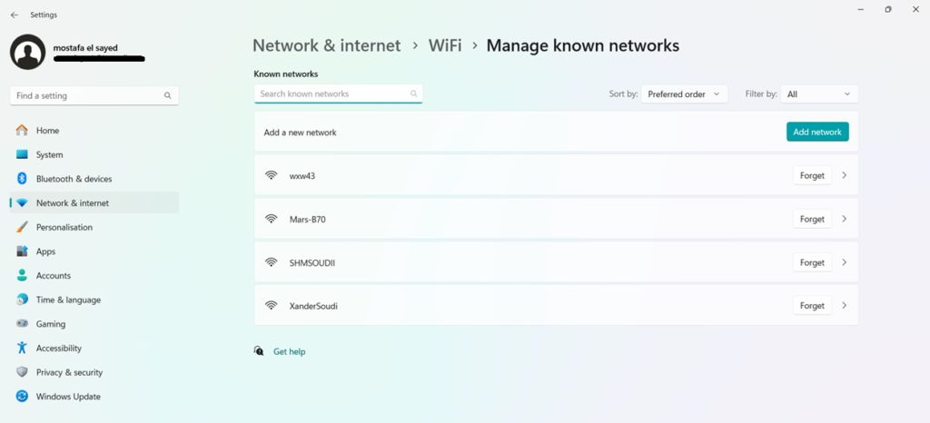 ادارة شبكات الواي فاي ويندوز11