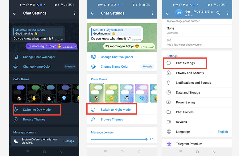 الوضع الليلي تيليجرام