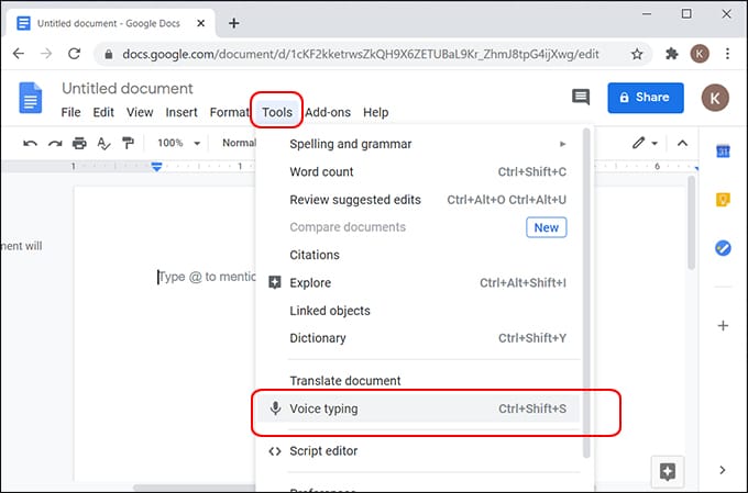 خاصية الكتابة الصوتية من جوجل Docs