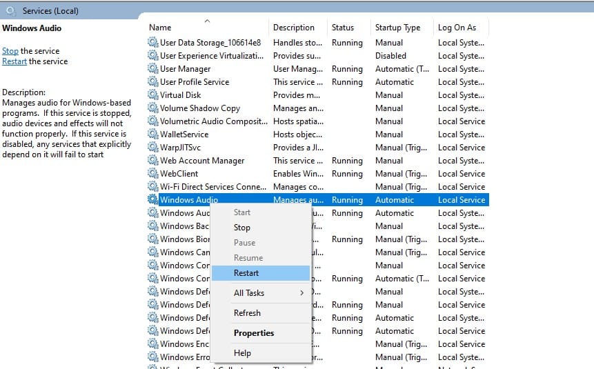 إعادة تشغيل خدمات الصوت