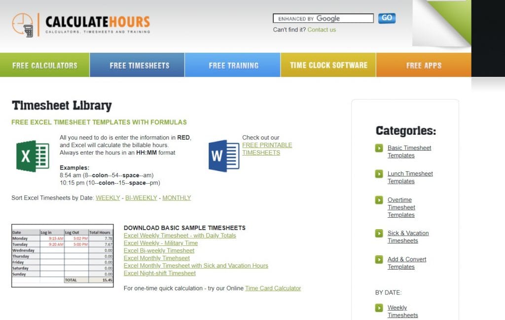 calculatehours excel templates