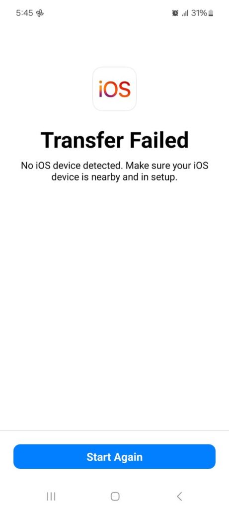 فشل نقل البيانات Move To iOS