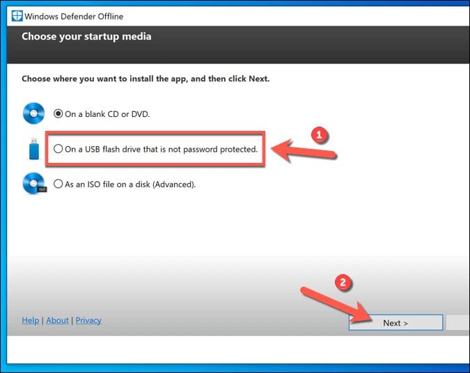 تثبيت برنامج Windows Defender على USB