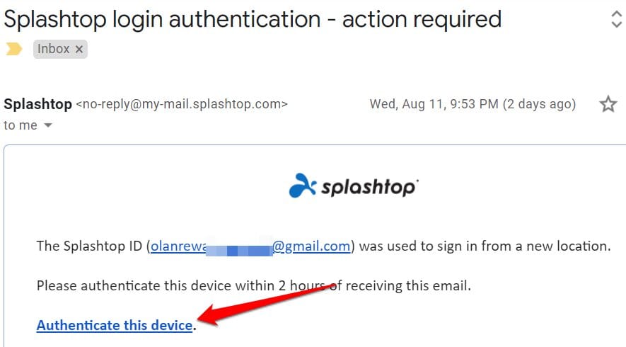 فتح بريد المصادقة الإلكتروني Splashtop والتحقق من الأجهزة