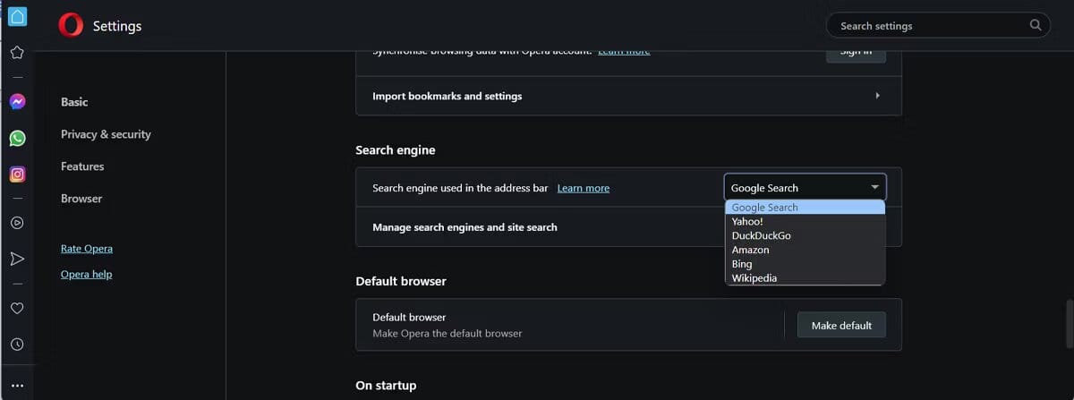 توثيق محرك البحث الإفتراضي في Opera