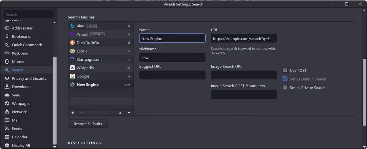 تعيين محرك بحث إفتراضي مختلف في Vivaldi