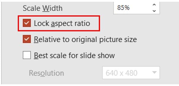 خيار تأمين نسبة الطول إلى العرض (Lock aspect ratio) - من خدع البوربوينت