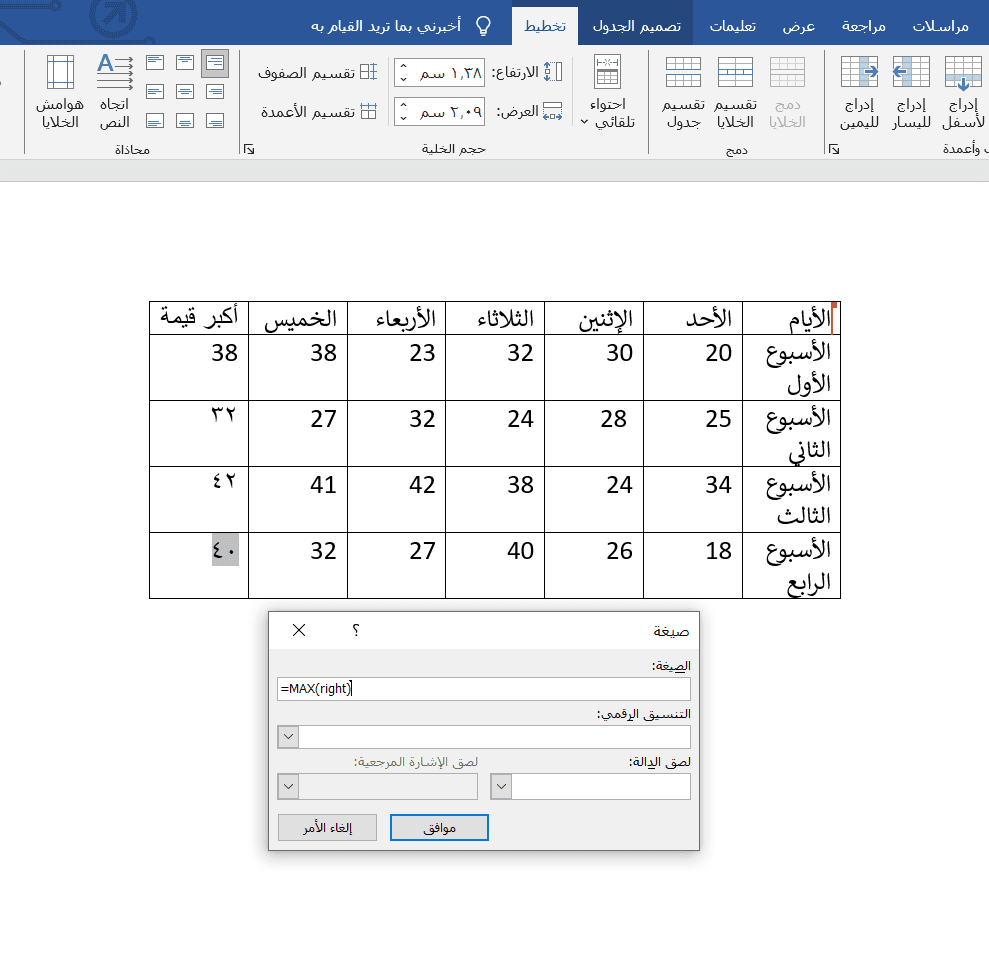 دالة MAX للعدد الاقصى في وورد