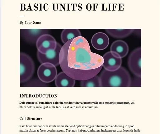 لقطة شاشة توضح شكل قالب المقالات في Google Docs