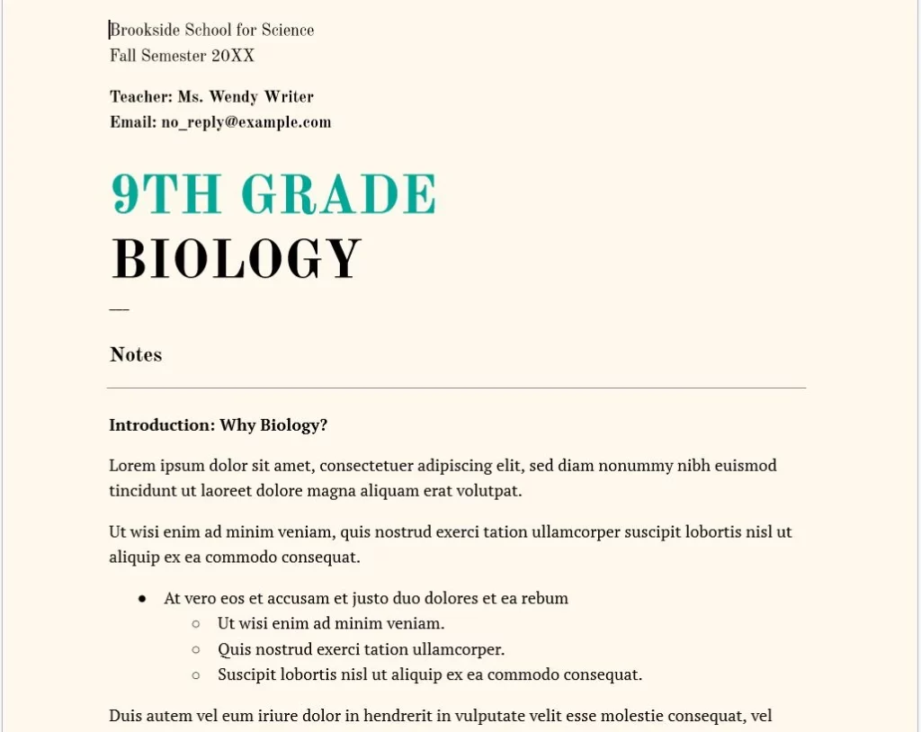 لقطة شاشة توضح شكل قالب ملاحظات الصف في قوقل Docs