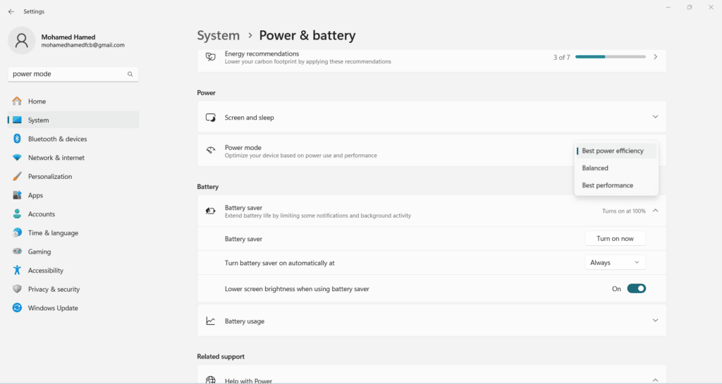 وضع الطاقة لإطالة عمر بطارية اللابتوب