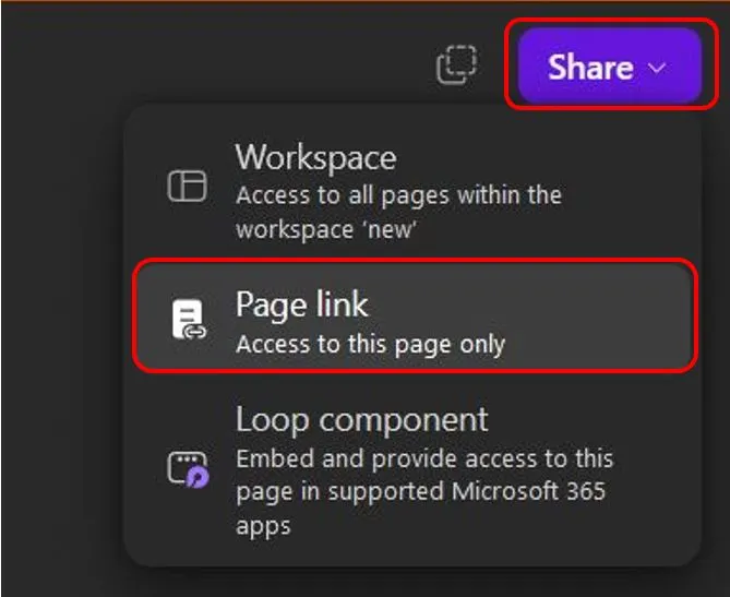مشاركة صفحة من Microsoft Loop