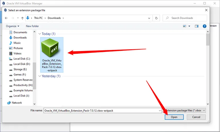 تثبيت حزمة امتدادات VirtualBox
