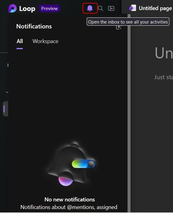 أيقونة الجرس الخاصة بالاشعارات في Microsoft Loop
