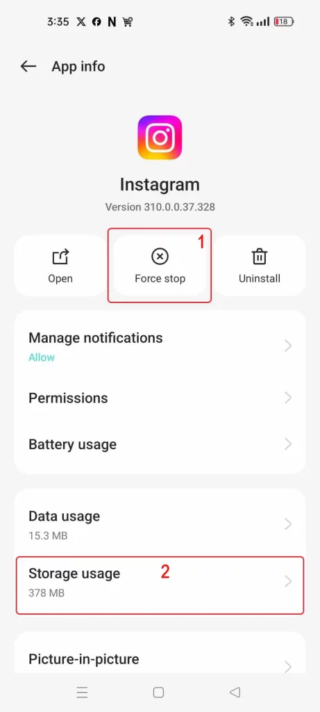 ايقاف اجباري للتطبيق انستقرام وحذف الكاش 
