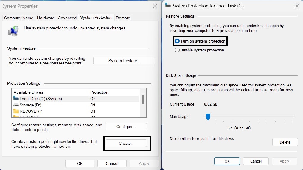اعدادات نقط استعادة النظام system restore