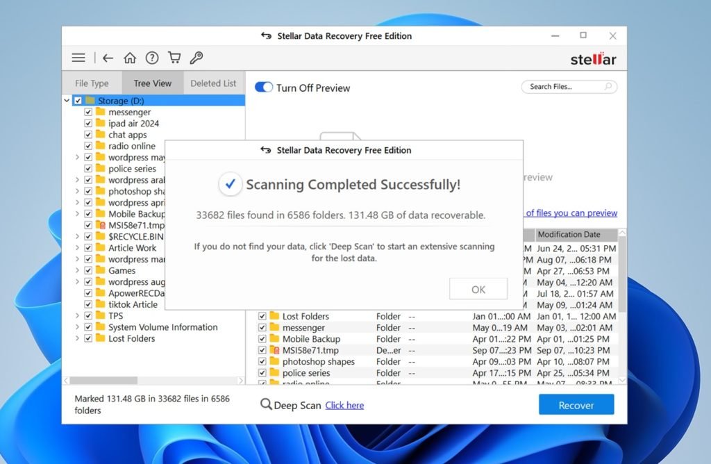 استعادة ملفات محذوفة بواسطة واجهة برنامج Stellar Data Recovery Free