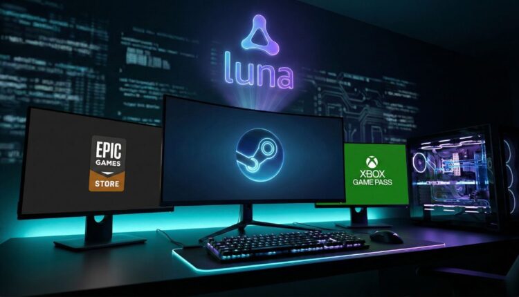 واجهة أفضل منصات تحميل ألعاب الكمبيوتر لعام 2026، تعرض شعارات Steam و Epic Games Store و Xbox Game Pass و Amazon Luna على شاشات جيمر احترافية.