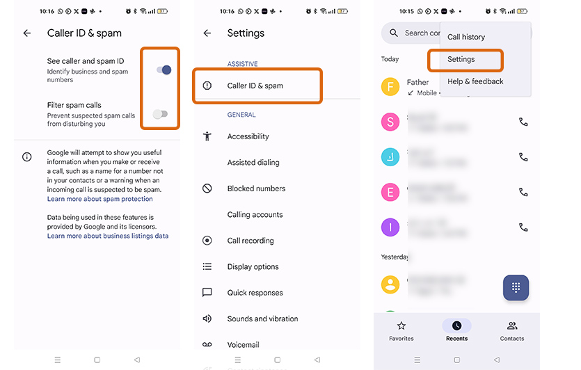 اعدادات معرّف المتصل والبريد العشوائي