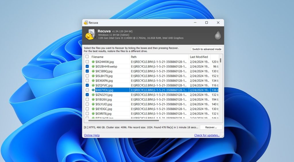 نتائج الفحص Recuva لاستعادة البيانات