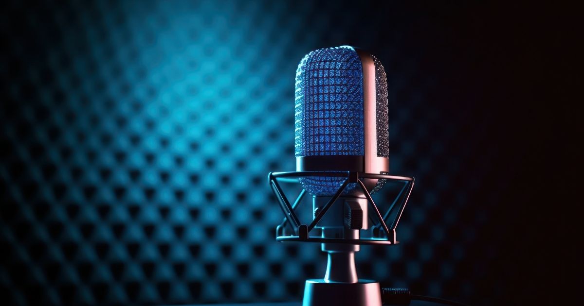 ميكروفون احترافي في استوديو مع خلفية معالجة صوتياً.