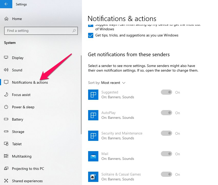 تعطيل الإشعارات غير الضرورية في ويندوز