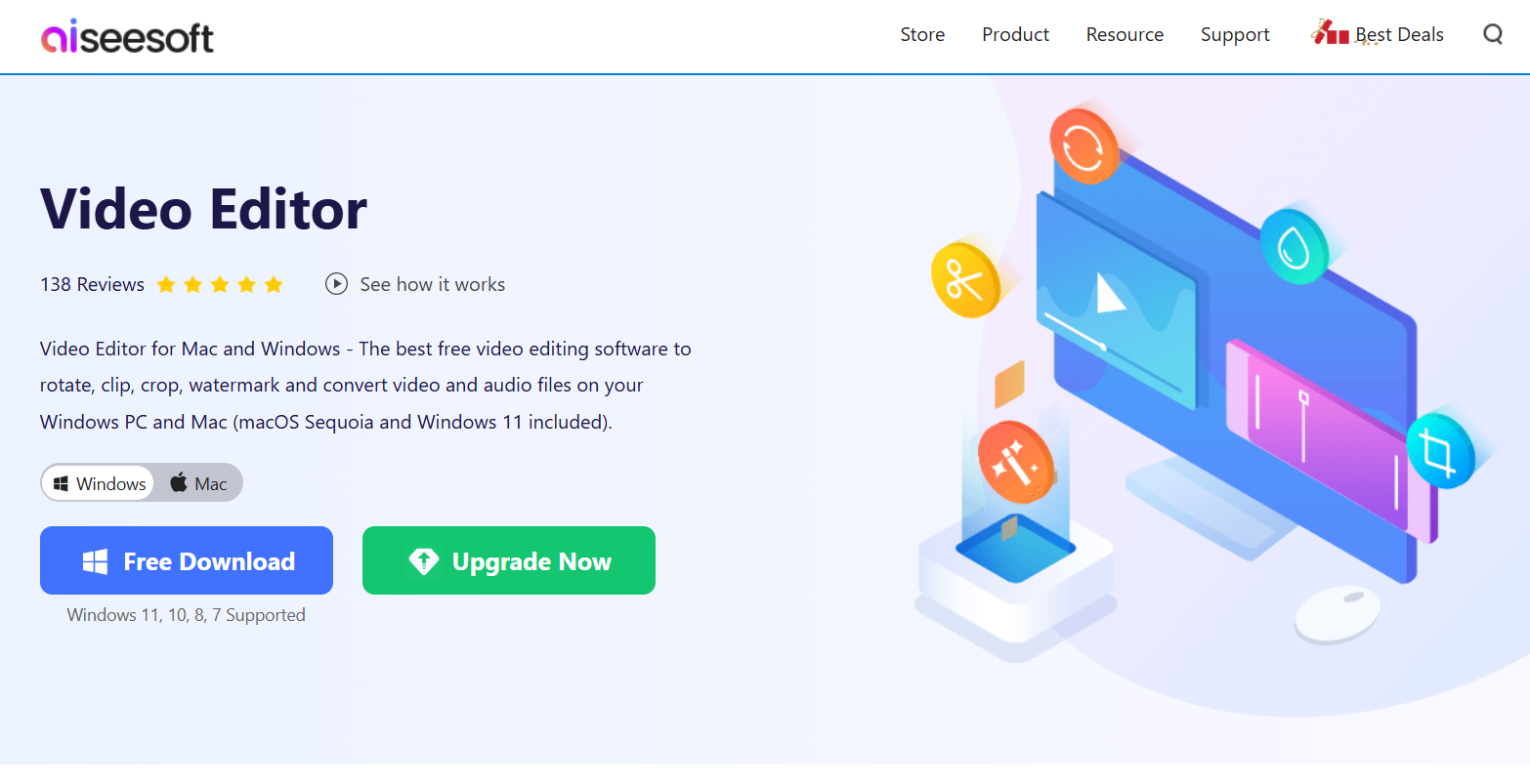 واجهة برنامج Aiseesoft لتحرير الفيديو مع مميزات مثل القطع والدمج.