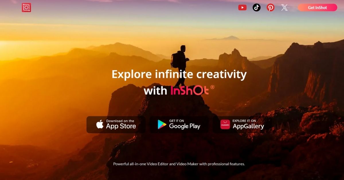 صورة توضح واجهة تطبيق InShot مع زر لتحميل التطبيق من المتاجر المختلفة.