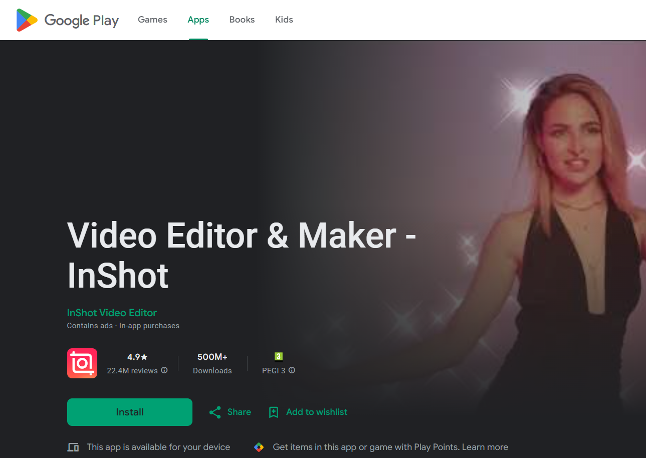 صورة لواجهة تطبيق InShot مع أدوات تحسين جودة الفيديو مثل المؤثرات والتقطيع.