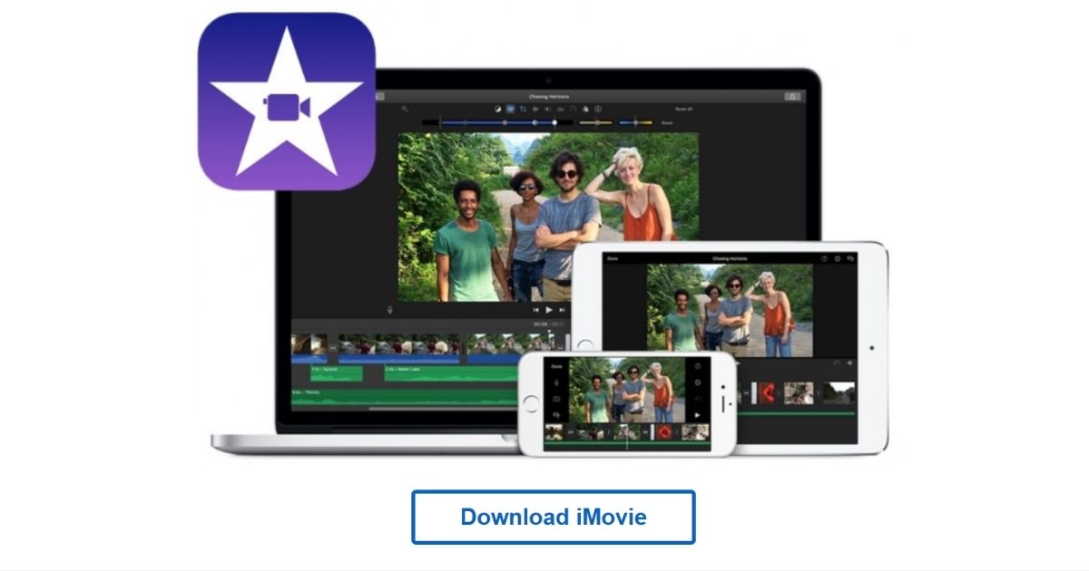 صورة توضح واجهة تطبيق iMovie على أجهزة Apple مع زر التحميل.