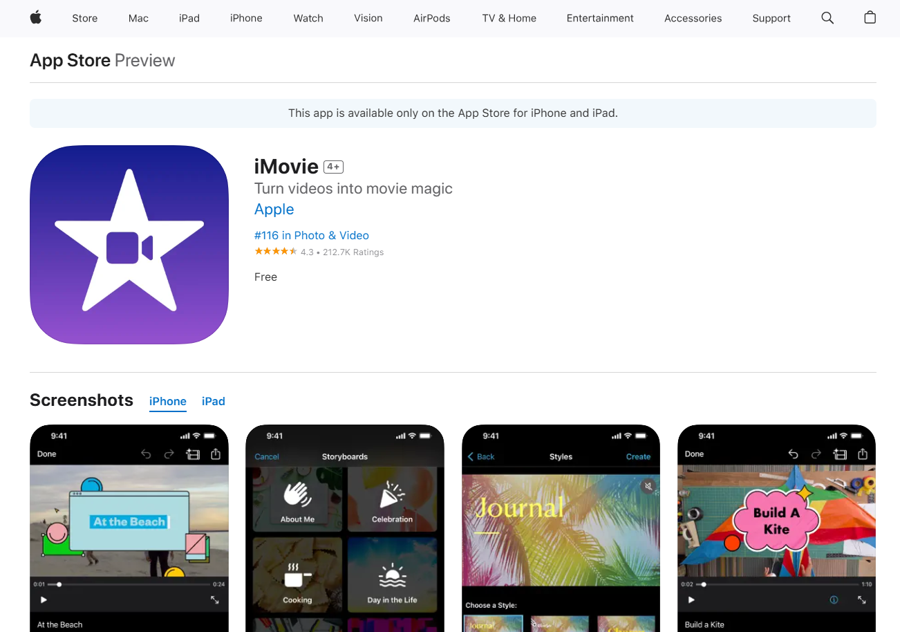 صورة لواجهة تطبيق iMovie مع بعض لقطات الشاشة الخاصة بالتحرير.