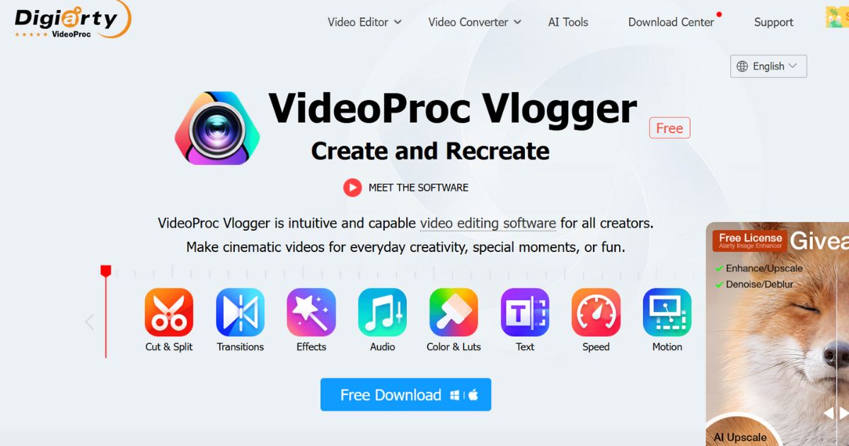 صفحة برنامج VideoProc Vlogger الذي يتيح قص الفيديو وتعديله مجانًا.