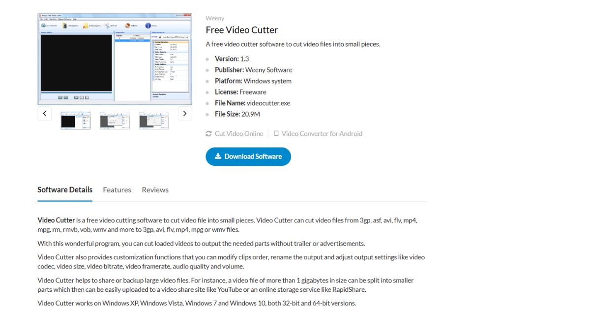 واجهة تحميل برنامج Weeny Free Video Cutter على نظام ويندوز.