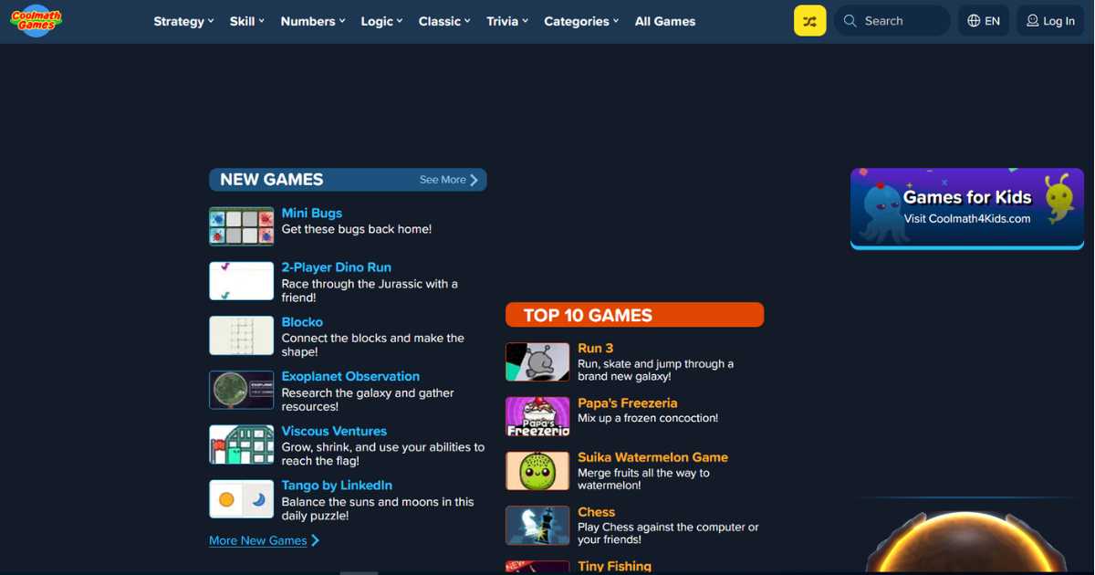 لقطة شاشة للصفحة الرئيسية لموقع Coolmath Games، وهو أحد مواقع تعليمية للأطفال التي تقدم ألعابًا تفاعلية لتعلم الرياضيات والمنطق.