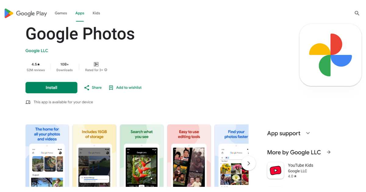 صفحة تطبيق Google Photos في متجر Google Play، وهو أحد تطبيقات معرض الصور للأندرويد الشهيرة من Google.