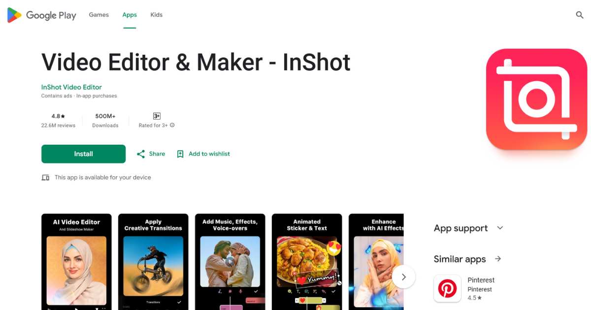 صفحة تطبيق InShot Video Editor & Maker في متجر Google Play، وهو تطبيق لتحرير الفيديو والصور