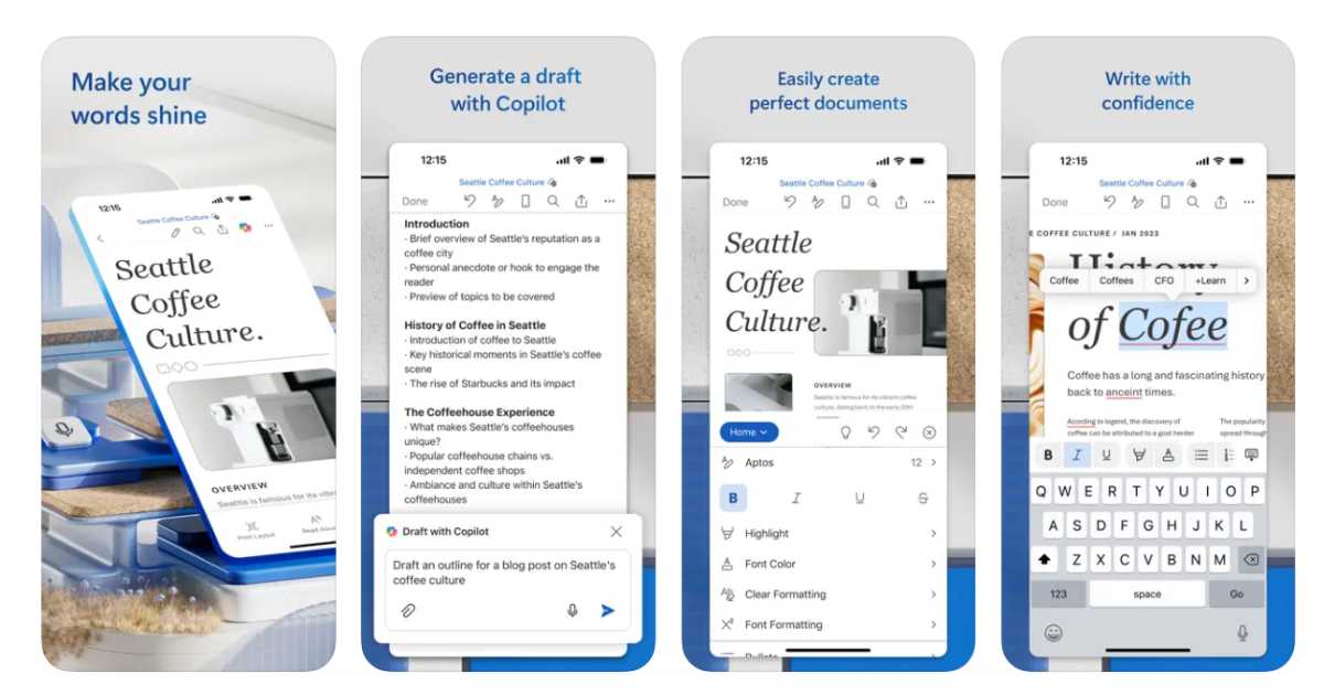 عرض لتطبيق Microsoft Word من تطبيقات مايكروسوفت للموبايل
