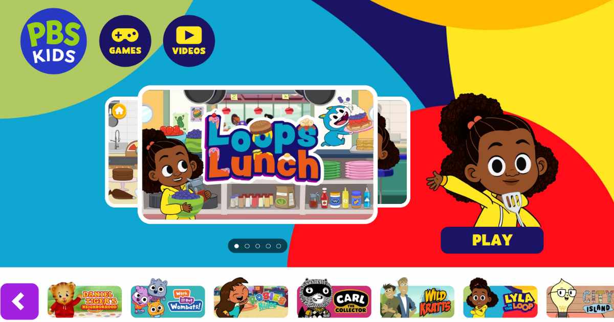 لقطة شاشة لتطبيق PBS KIDS، وهو أحد مواقع الأطفال التي تقدم مجموعة متنوعة من الألعاب ومقاطع الفيديو التعليمية والشخصيات الكرتونية المحبوبة.