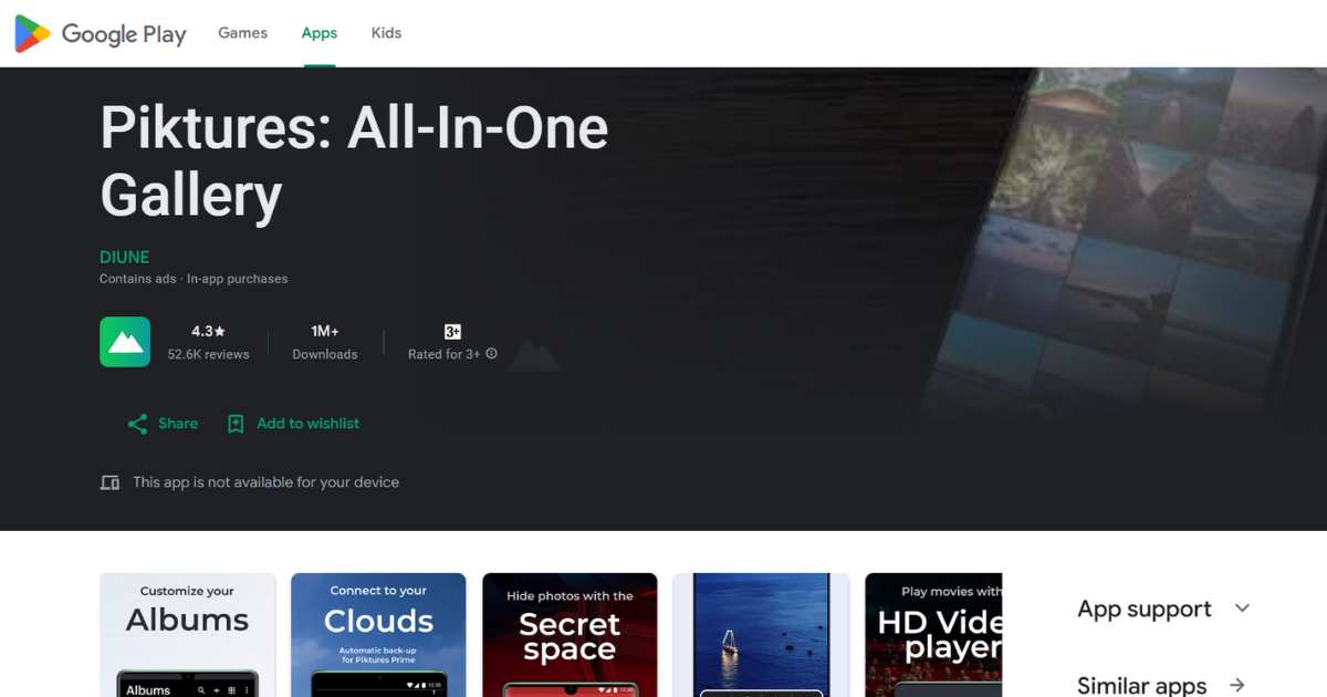 لقطة شاشة لتطبيق Piktures: All-In-One Gallery وهو أحد تطبيقات معرض الصور للأندرويد متعددة الوظائف.