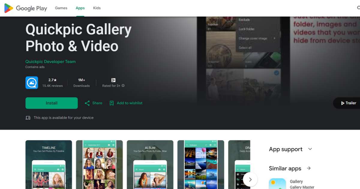 واجهة متجر Google Play لتطبيق Quickpic Gallery أحد تطبيقات معرض الصور للأندرويد.