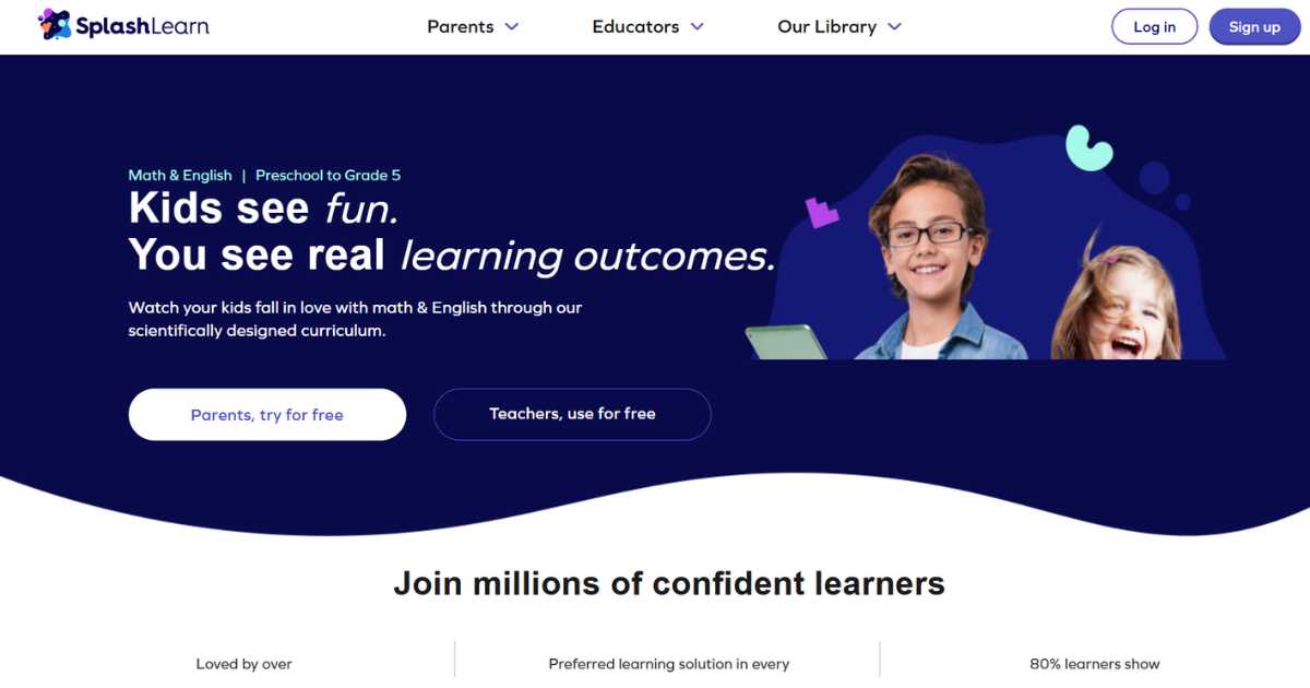 لقطة شاشة للصفحة الرئيسية لموقع SplashLearn، وهو أحد مواقع تعليمية للأطفال الذي يقدم أنشطة تعليمية ممتعة في الرياضيات واللغة الإنجليزية لمرحلة ما قبل المدرسة وحتى الصف الخامس.