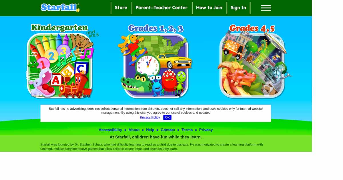 لقطة شاشة للصفحة الرئيسية لموقع Starfall، وهو أحد مواقع الأطفال التعليمية التي تقدم أنشطة وألعابًا تفاعلية للأطفال في مرحلة ما قبل المدرسة والصفوف الابتدائية.